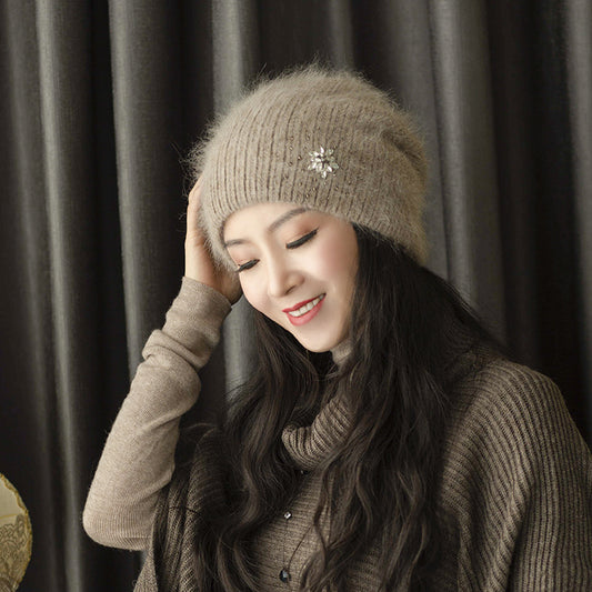 Women's Rabbit Hair Knitted Hat Thickened Warm Rhinestone Flowers