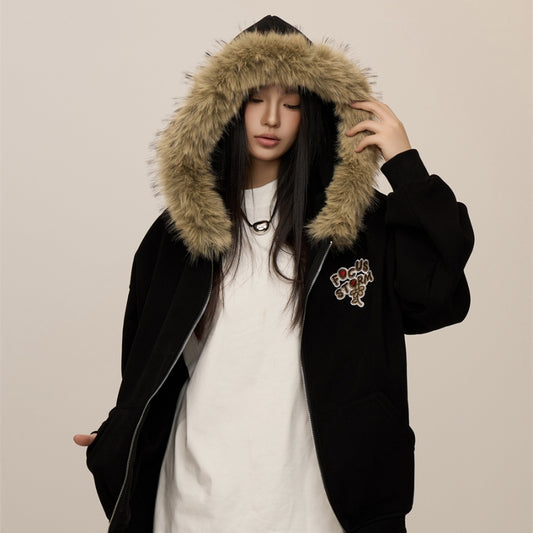 Stitching Loose Retro Fashion Brand Couple Casual Zipper Top