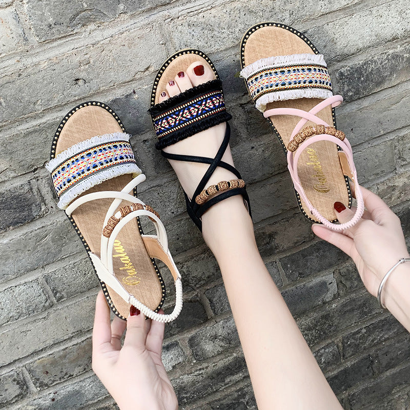 Flat Sandals, All-match One-word Buckle Strap, Fairy Ethnic Style Slope With Roman Sandals