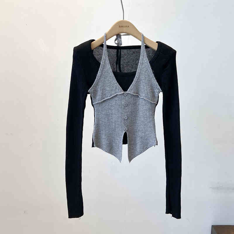 Halter False Two-piece Patchwork Long Sleeve Knitwear T-shirt Top