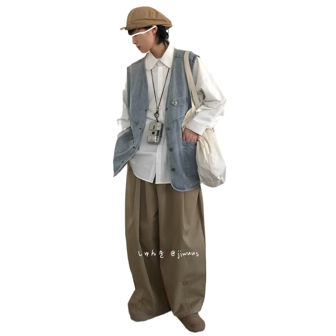 Retro Worn Looking Washed-out Denim Frock Vest Neutral Street Style