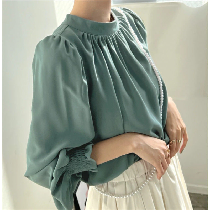 Spring And Summer High-neck Puff Sleeve Chiffon Shirt