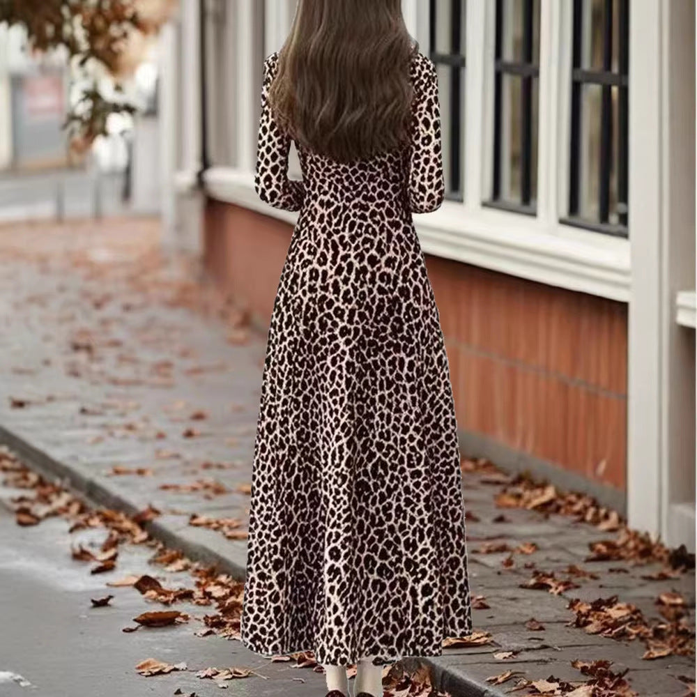 Pullover Long-sleeve Sexy Leopard-print Maxi Dress