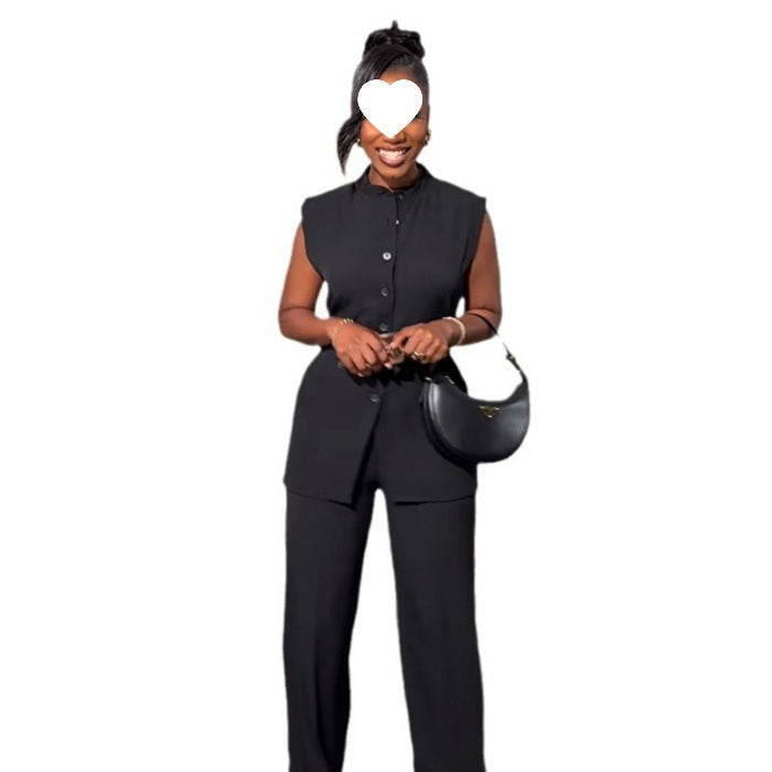 Featuring A Mandarin-collar Button-front Sleeveless Top And Wide-leg Pants
