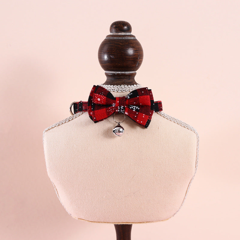 Pet Adjustable Anti-suffocation Double-layer Bow Snowflake Plaid Christmas Collar Cat Dog Bell Accessories Necklace