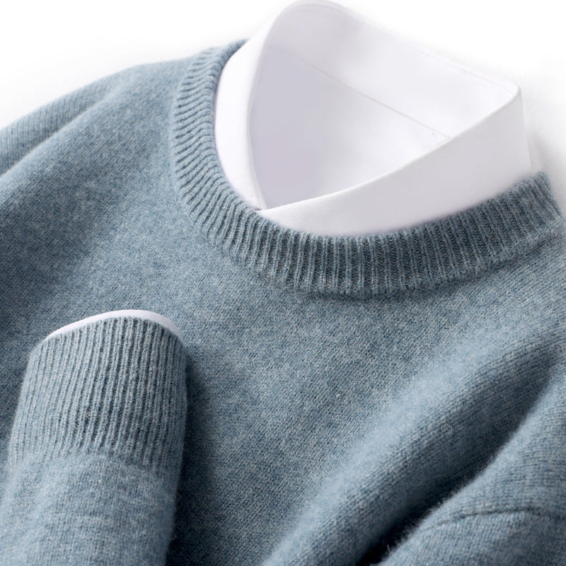 Mænds tykke pullover fåreuldssweater løs rundhals ensfarvet sweater