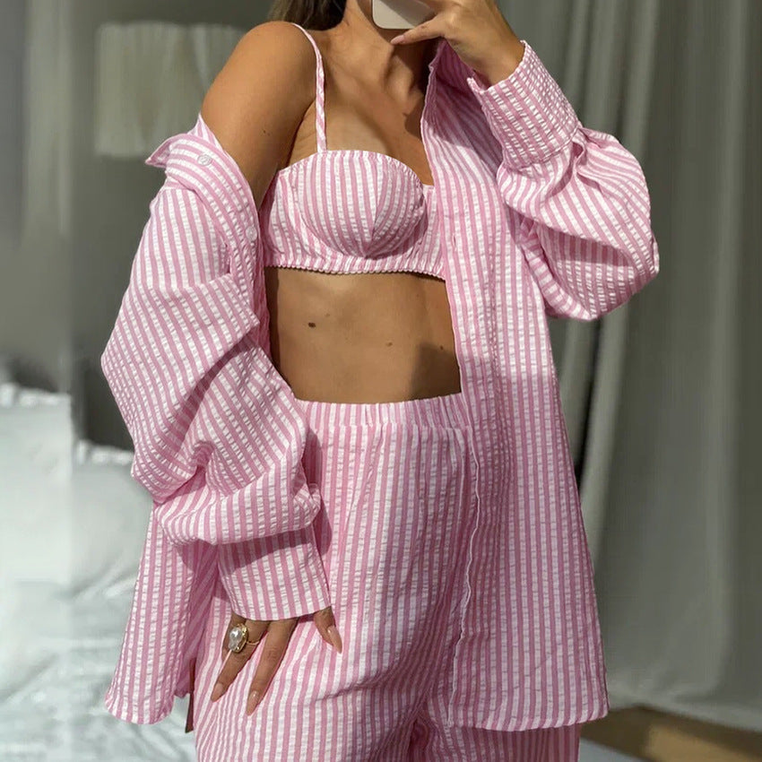 Soft Skin-friendly Womens New Striped Three-piece Set