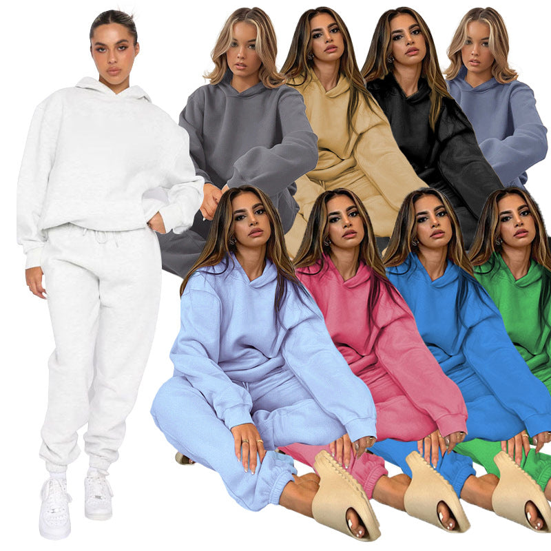 Solid-color Hooded Long-sleeve Sweatshirt And Pants Set For Fallwinter