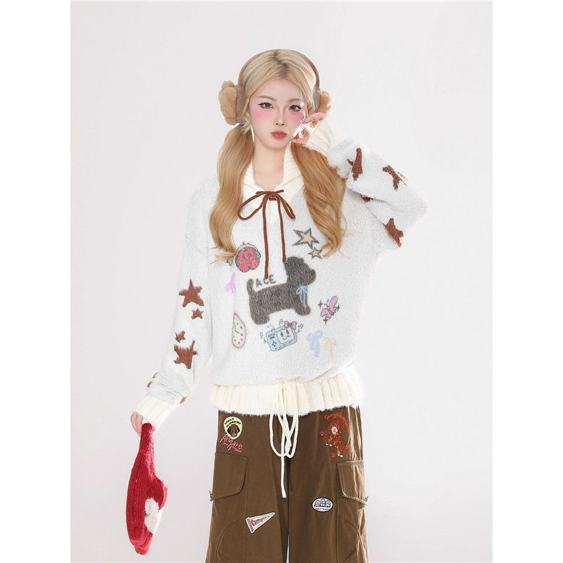 Sweet Puppy Embroidery Sweater Coat For Women Relaxed-Style Knitted Top