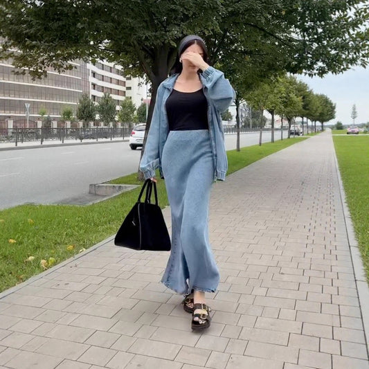 Elegant Commuter Denim Wrap Skirt With A Fitted Waist-cinching Design For Women