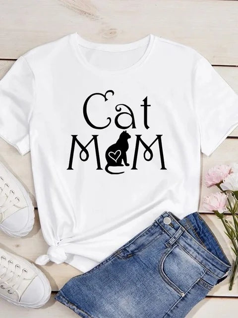 Womens Heart-Shaped Cat Crew-Neck Printed Short-Sleeve Top