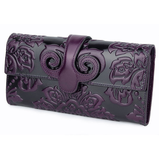 Women's long wallet with first layer oil wax leather
