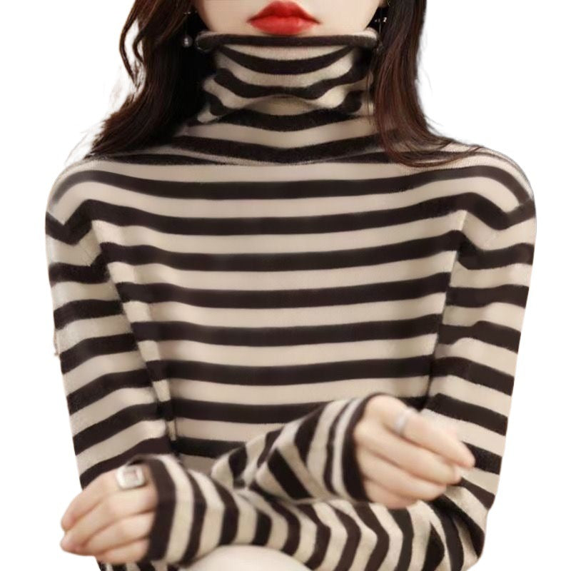New Striped Ruffled-neck Thermal Top Made From Teddy Fleece