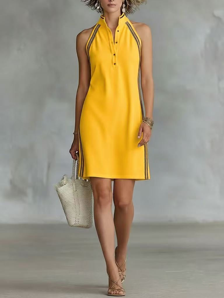 Solid-color Sleeveless Button-up Collar Dress