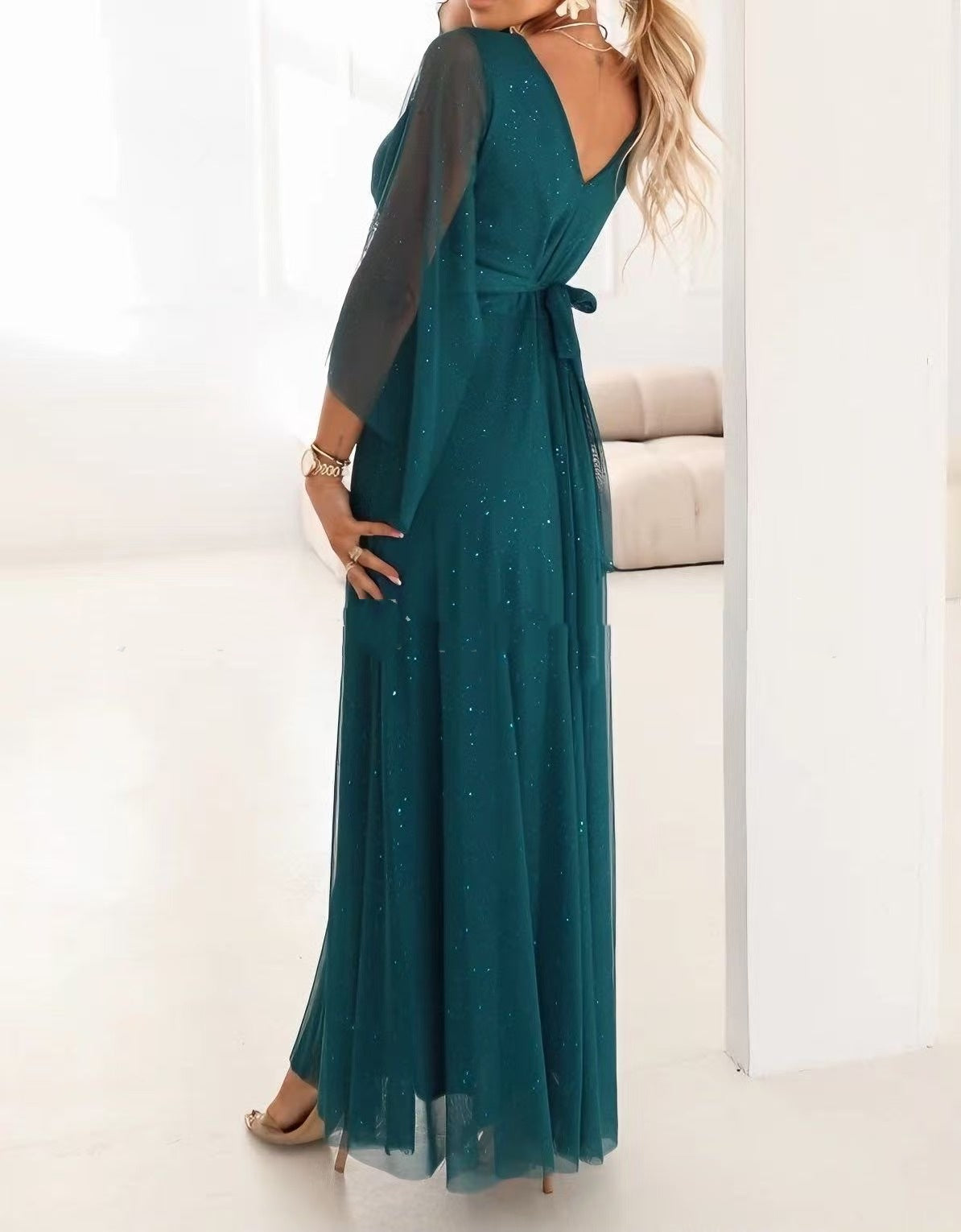 Sequined Fashion Butterfly Sleeve V-Neck Patchwork Mesh Womens Dress