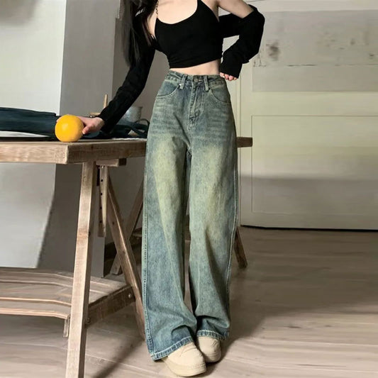 Afslappede Nostalgiske Retro-Mop-Jeans med Løse, Lige Ben