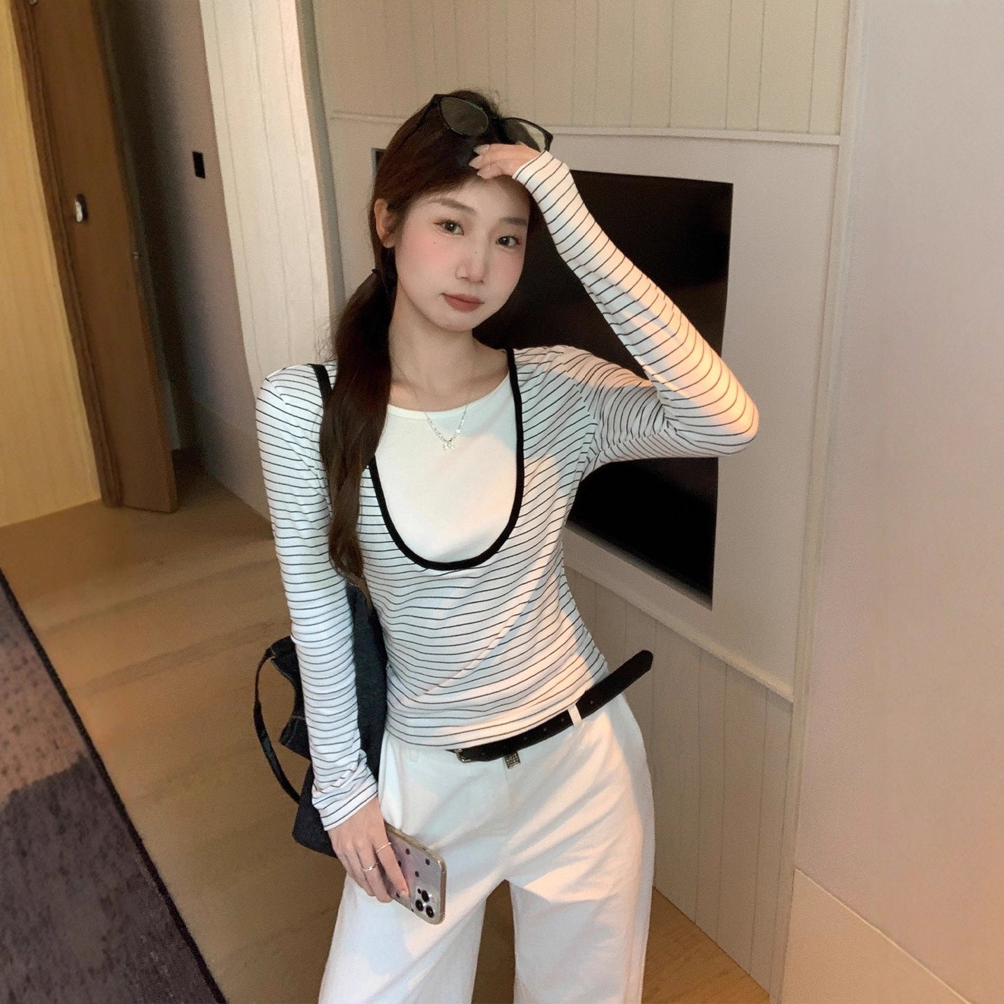 Koreansk-inspireret slim-fit top til kvinder, tidlig efterårsnyhed