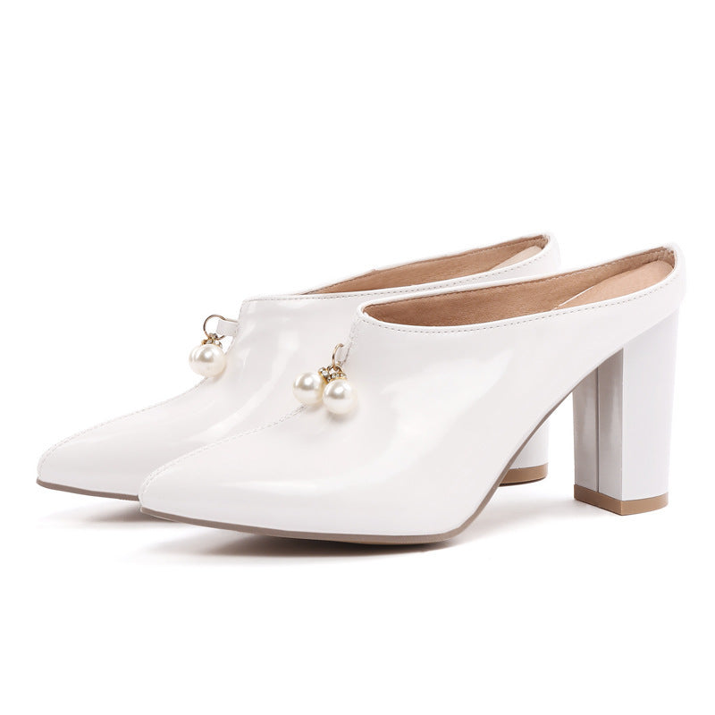Pearl Pointed Toe Sandals Slip-ons Toe Toe Block Heel Women's Shoes
