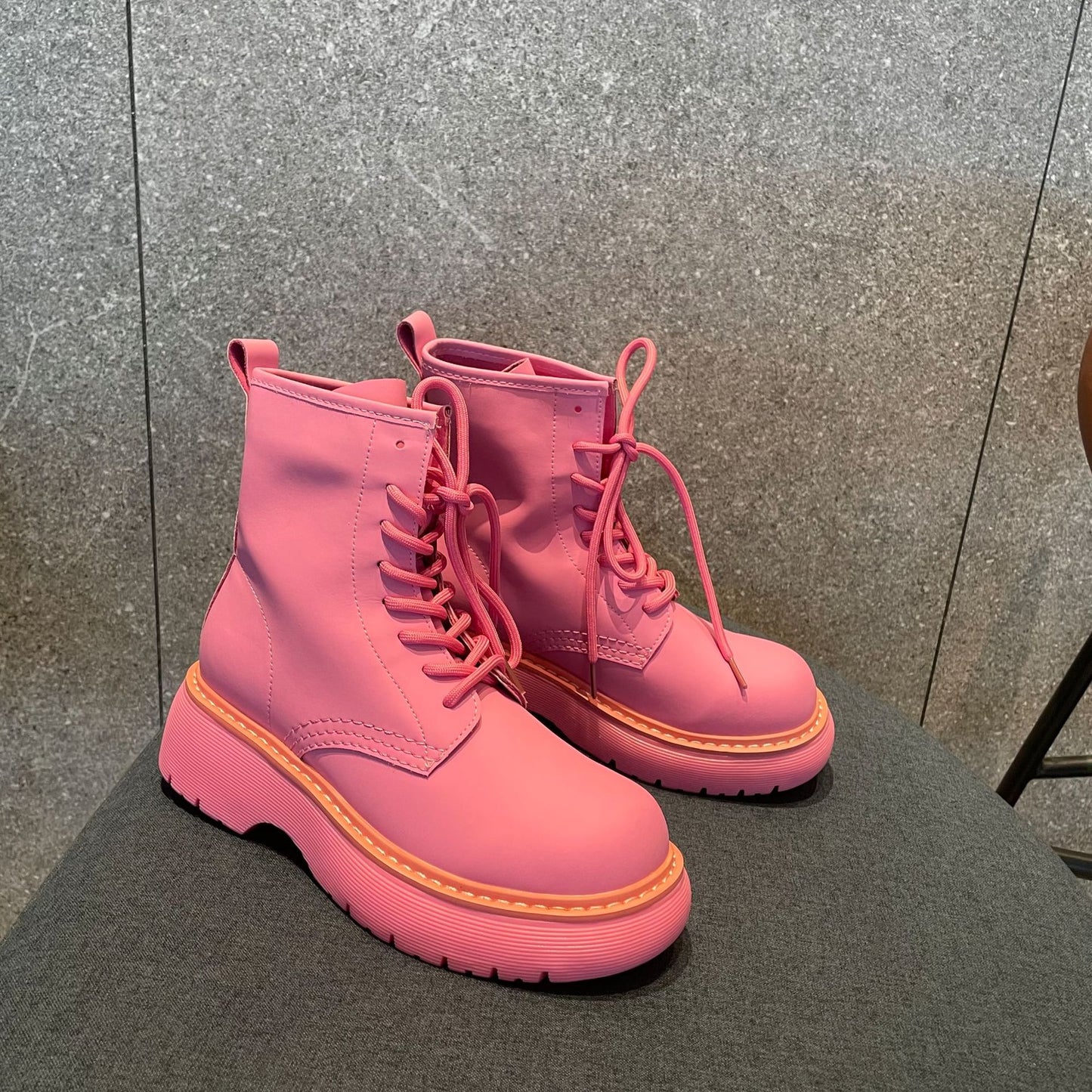 Thick-soled Heightened All-match Cowhide Women's Rose Red Ankle Boots