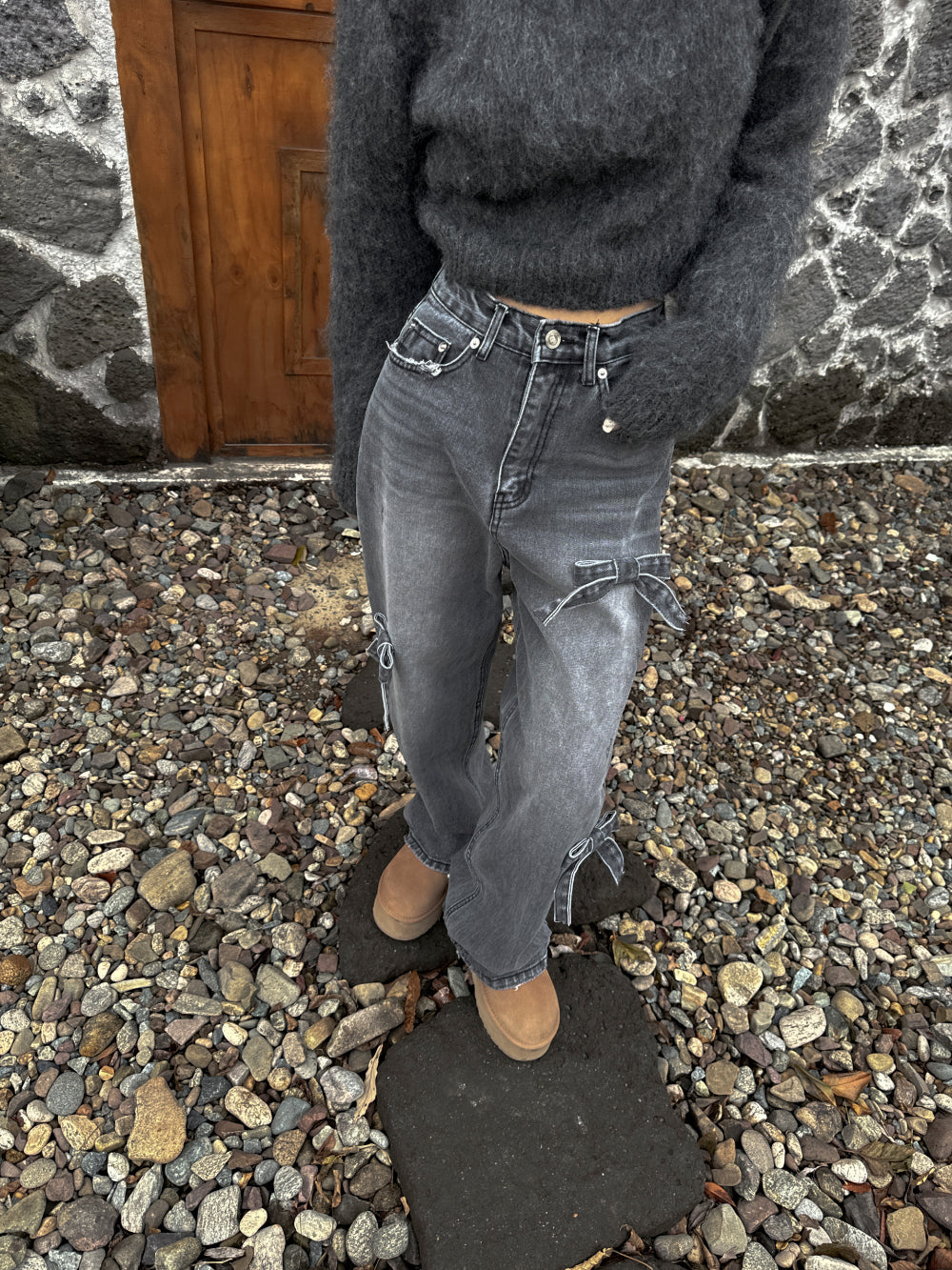 High Waist Slimming Casual Straight-leg Bow Washed Jeans Women's Pants