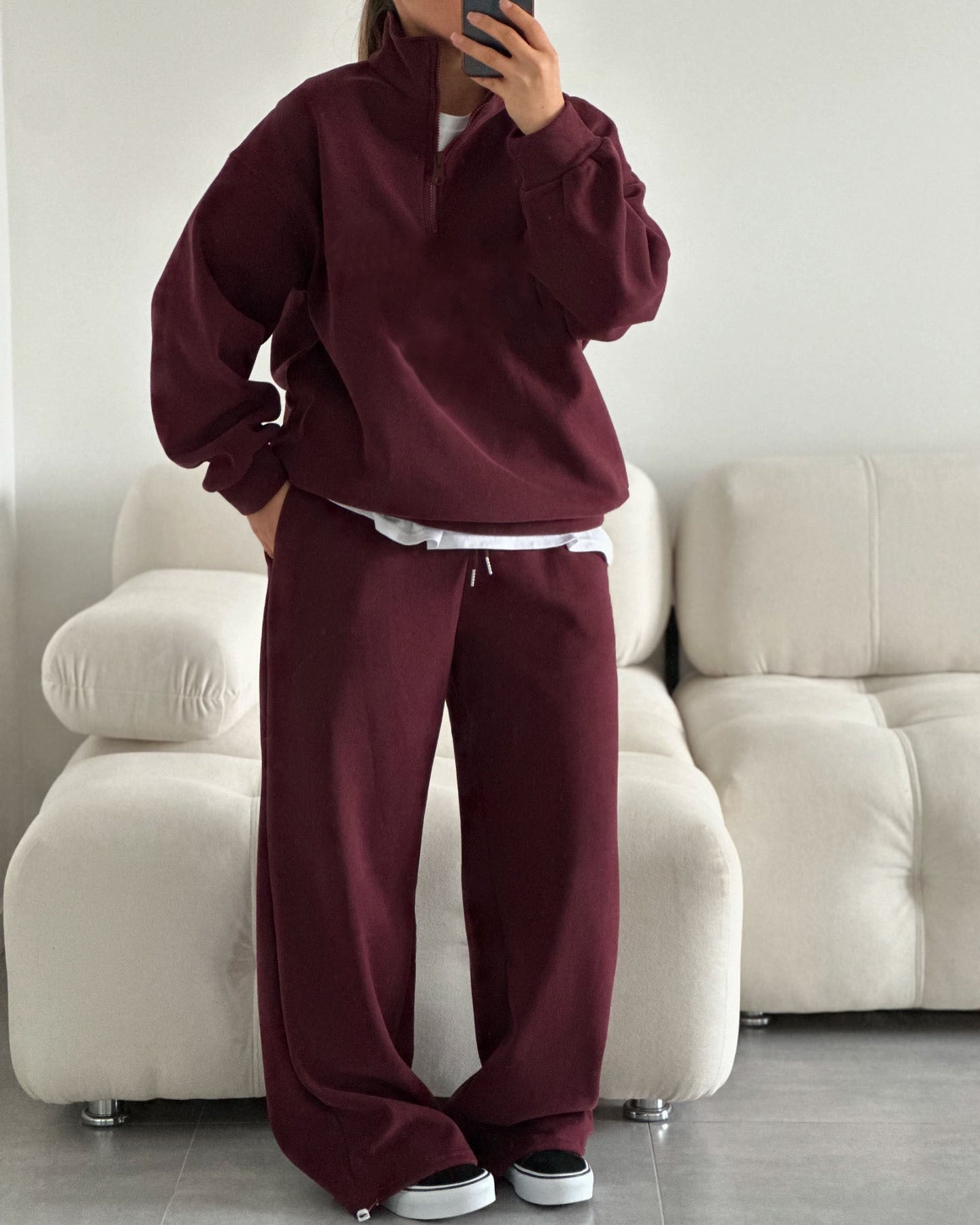 Fashionable Half-Open Collar Long-Sleeve Hoodie And Pants Casual Set