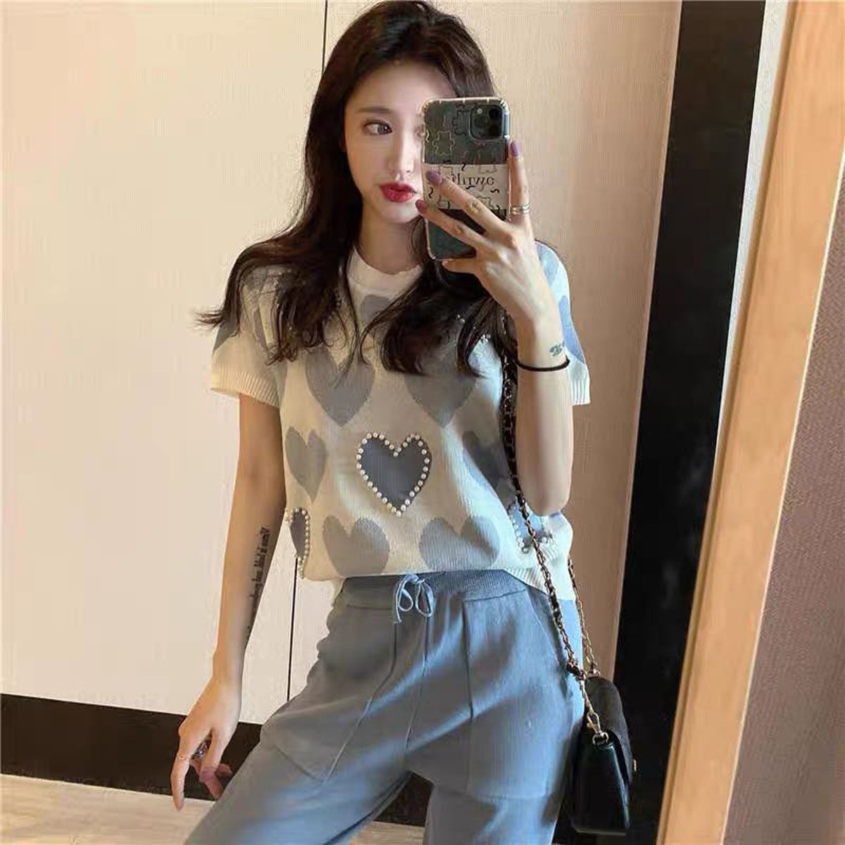 Women's Summer Loose Heart Jacquard Beaded Knitted T-shirt Short Sleeve