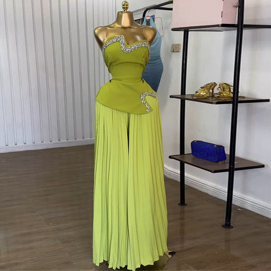 Tube Top Irregular Top Pleated Wide-leg Pants Set