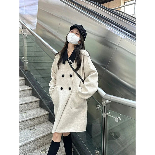 Contrast Color Lapels Dignified Sense Of Design Coat Woolen Mid-length