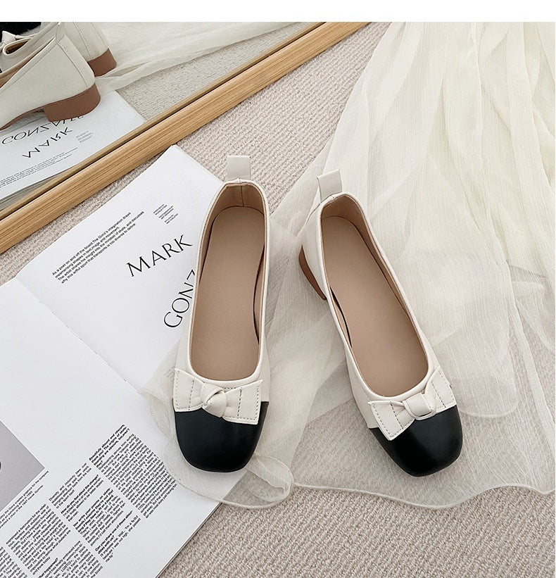 Bow Knot Sweet Colorblock Chunky Heel Slip-on Shoes