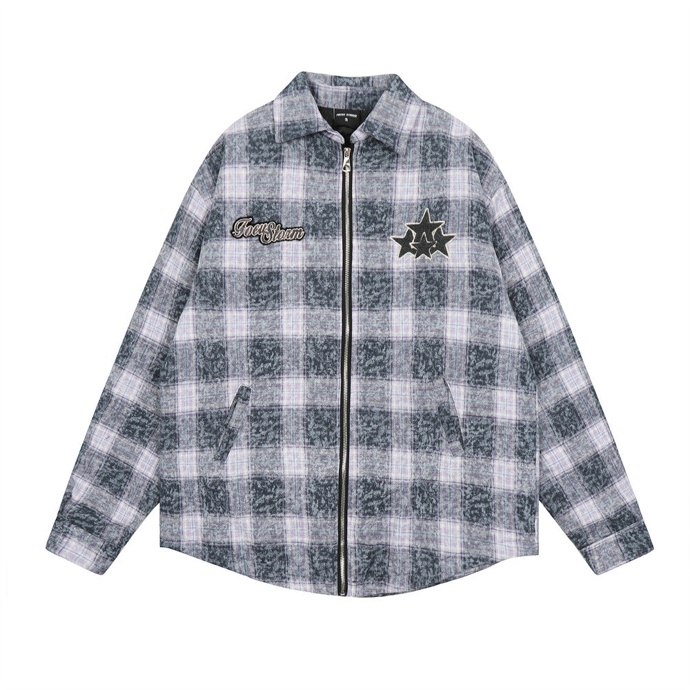 American Retro Plaid Washed And Worn Cotton Coat Jacket Men