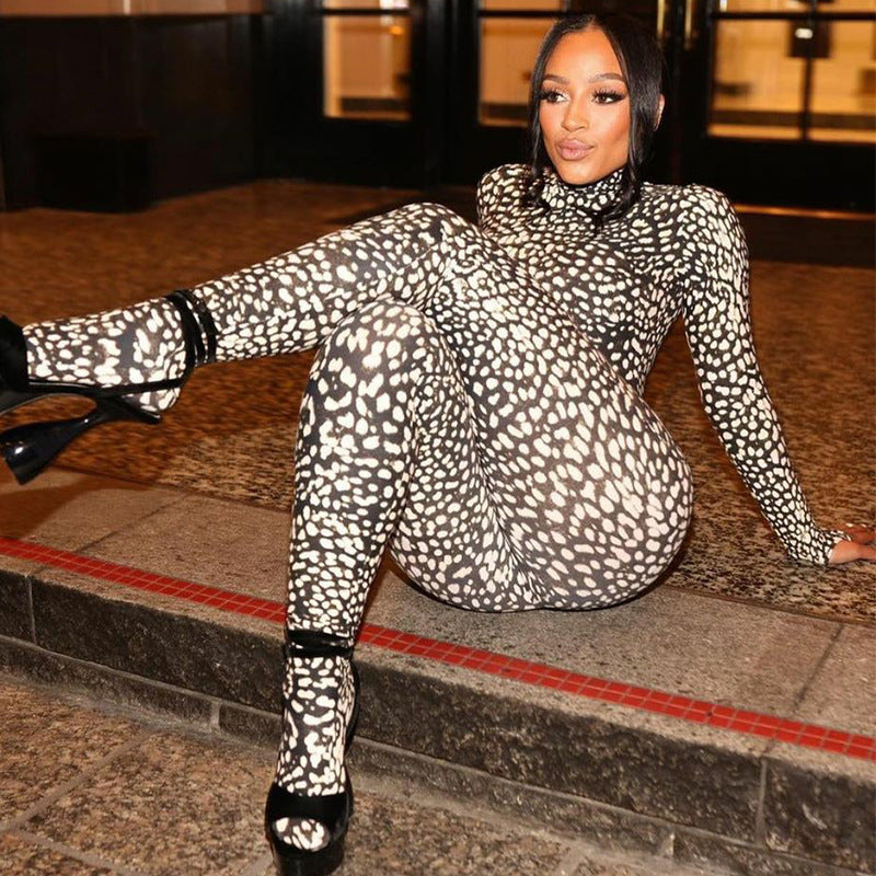 Fashion Printing Slim Back Zipper Turtleneck Long Sleeve Jumpsuit Wholesale