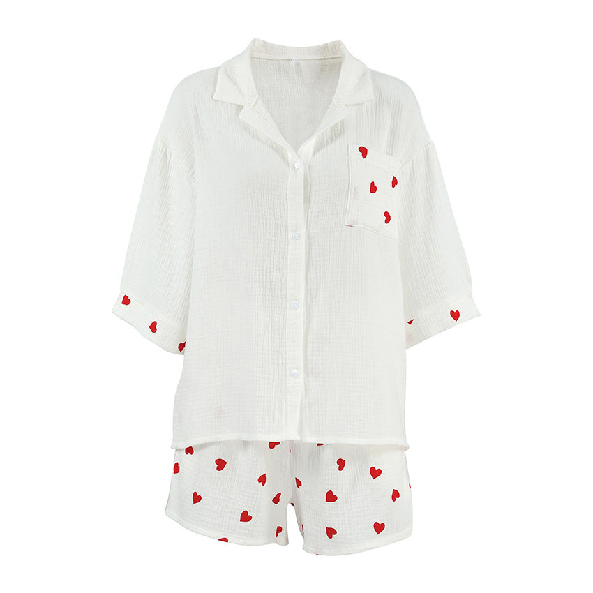 Cotton Homewear Set Heart-printed Three-quarter-sleeve Top And Shorts