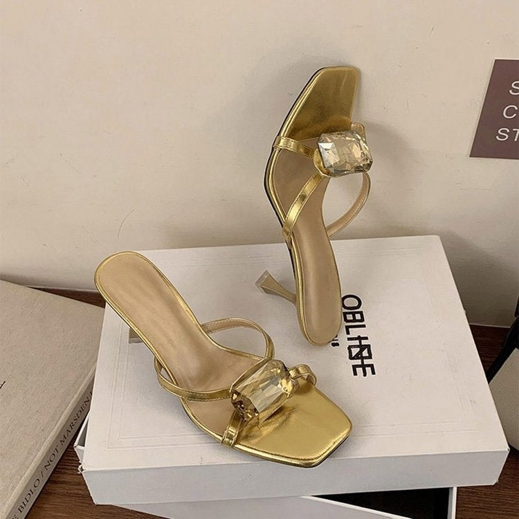Summer New Korean Style Stiletto Heel Slides For Women, Rhinestone Open Toe High Heel Mules, Dressy Sandals For Ladies