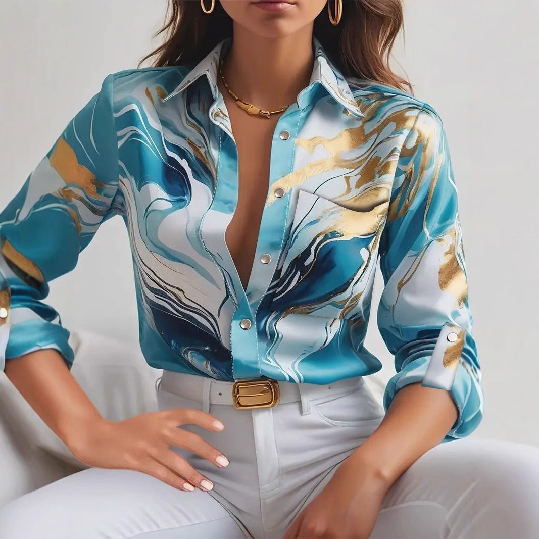 Season Fashion Casual Loose Button Long Sleeve Printed Shirt For Women