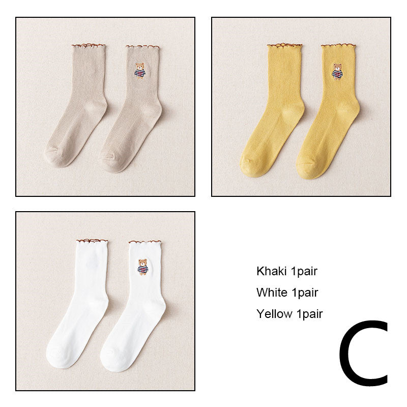 Women's Bear Embroidered Fungus Lace Mid Tube Socks
