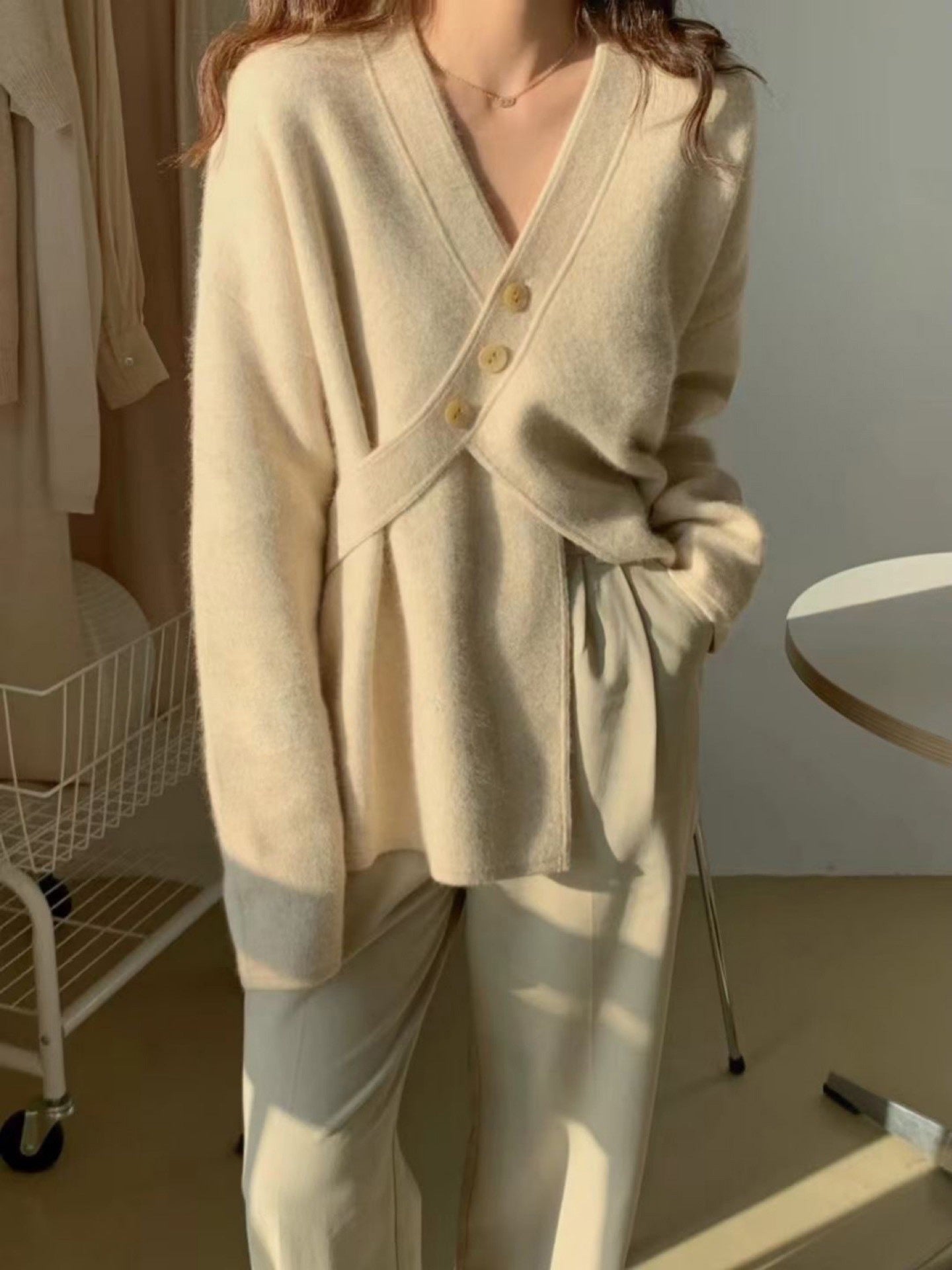V-neck Diagonal Buckle Loose Knit Sweater Jacket