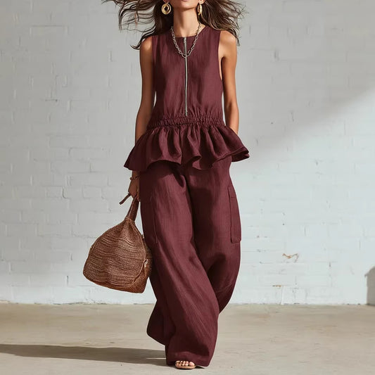 Summer Sleeveless Pleated Tank Top And Wide Leg Pants Set For Women