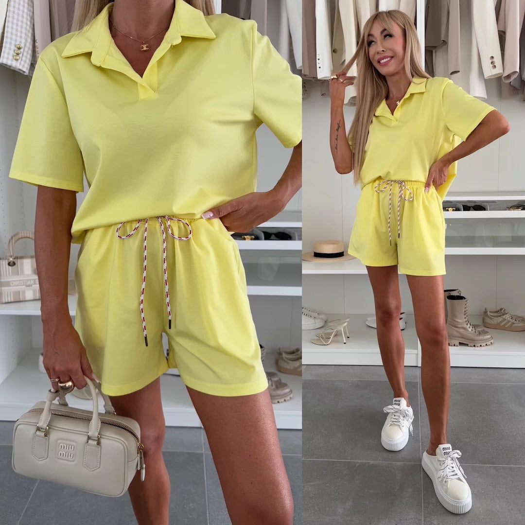 Solid-color Short-sleeve Polo T-shirt With Pocket And Tie Details
