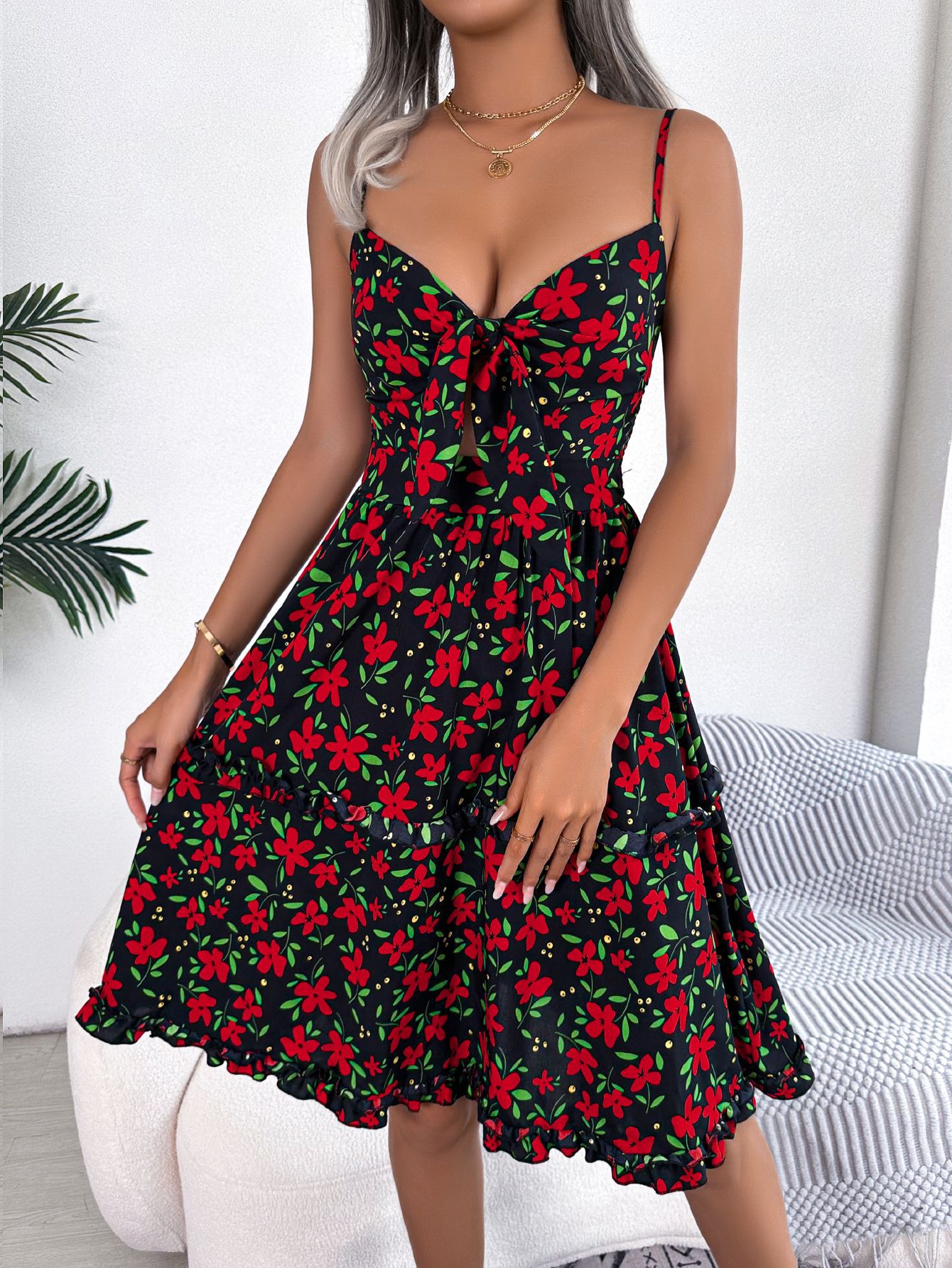 Women's Casual Floral Print Bow Ruffle Trim Camisole Dress