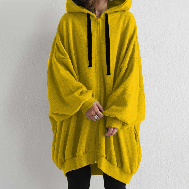 Women's Solid Color European And American Loose Sweater Fashion Hooded Zipper