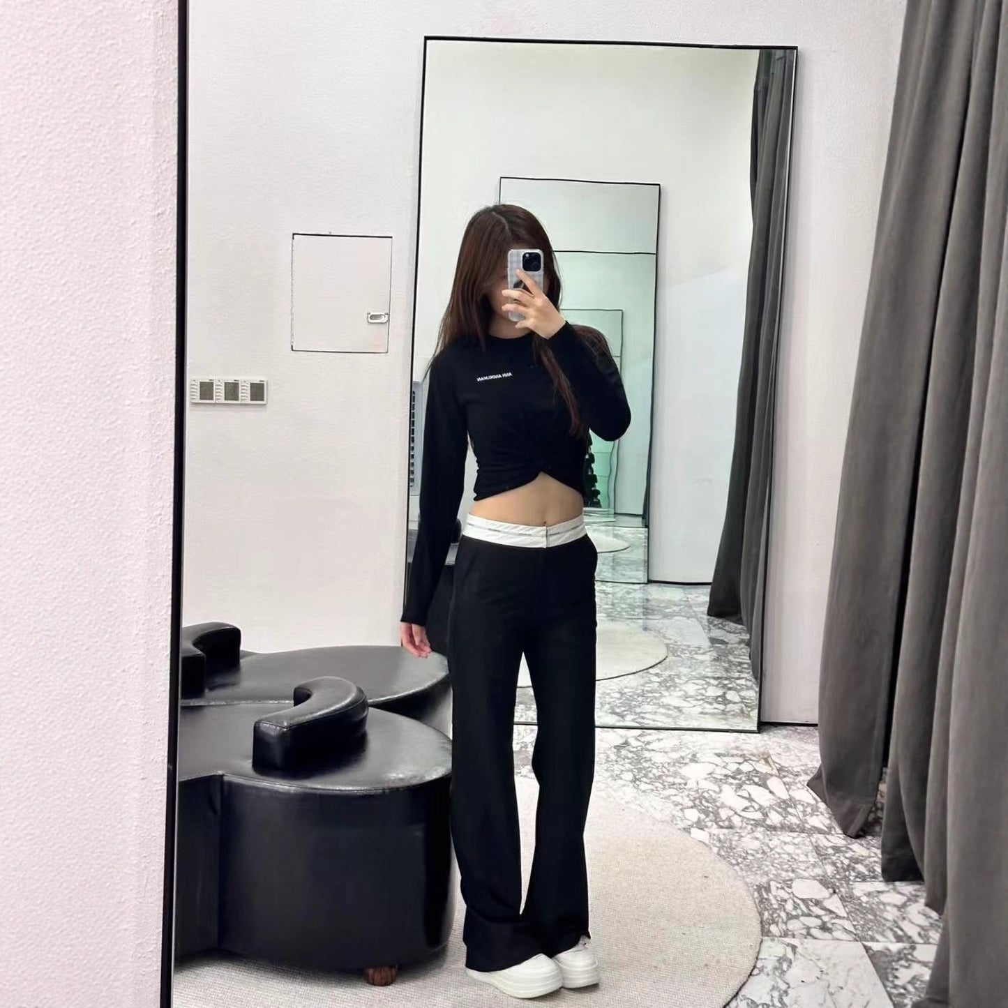 Heavyweight Straight-leg Black Casual Pants With A Relaxed Draped Fit