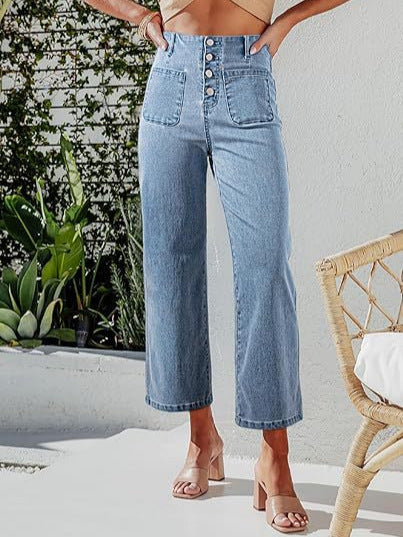 Retro Løse Lige Bukser Med Én Række Ornamenter, Høj Talje, Vide Ben, Jeans Til Kvinder