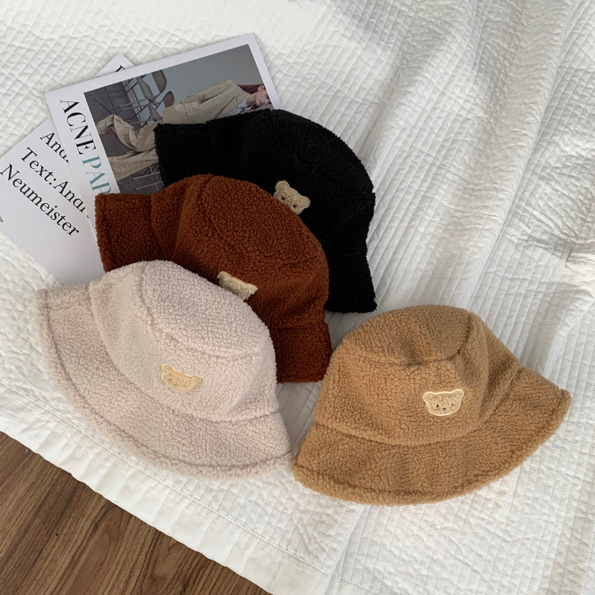 Korean Lamb Wool Cute Embroidered Bear Bucket Hat