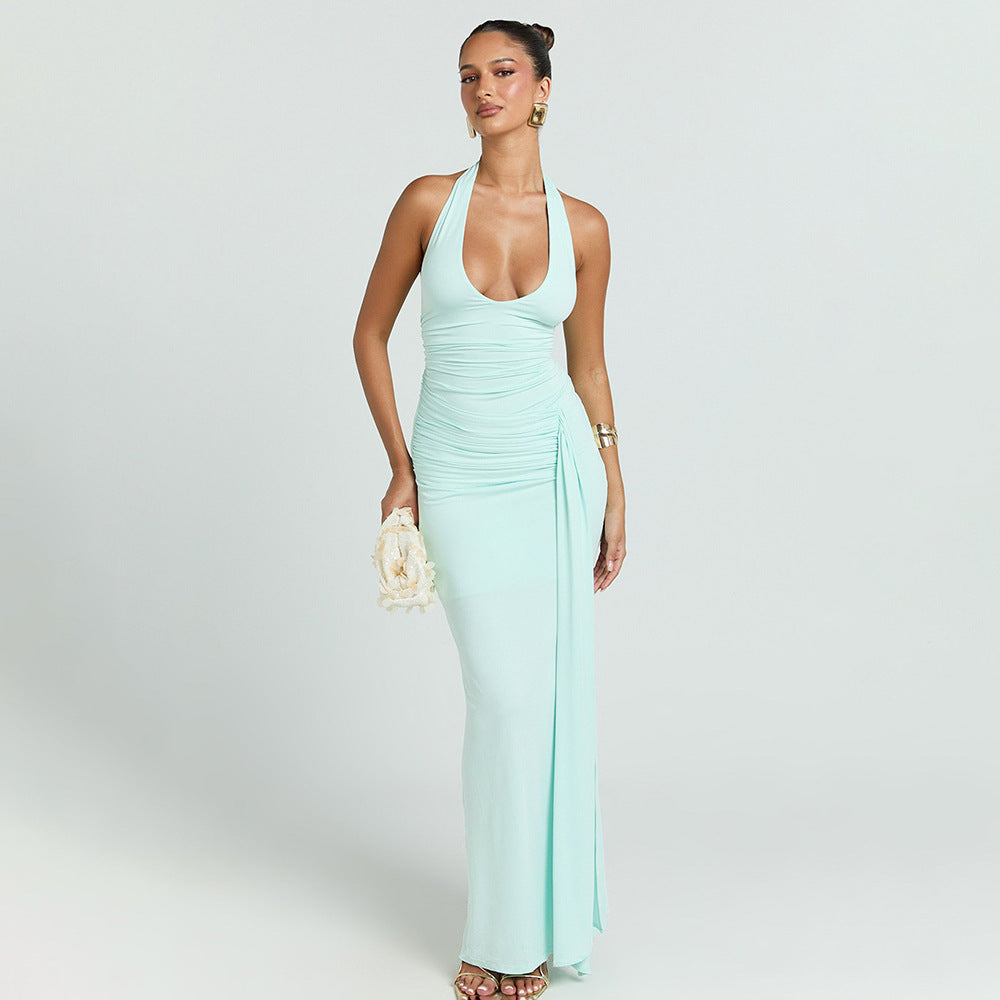 Womens Sexy Waist-Cinching Backless Halter Dress