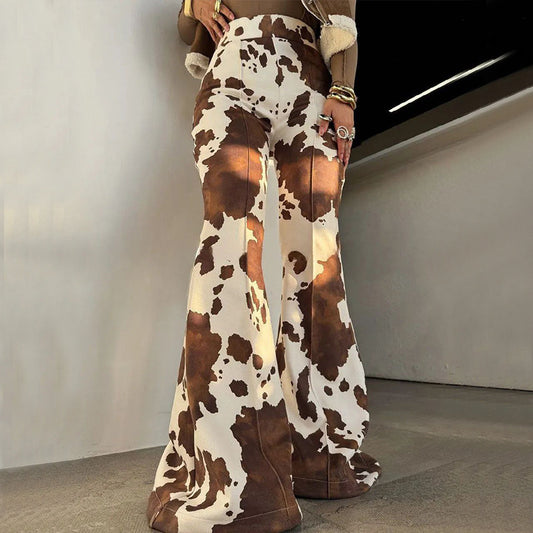 Brown Cow Print Bell-bottom Slim-fit Hottie Sexy Wide-leg Pants