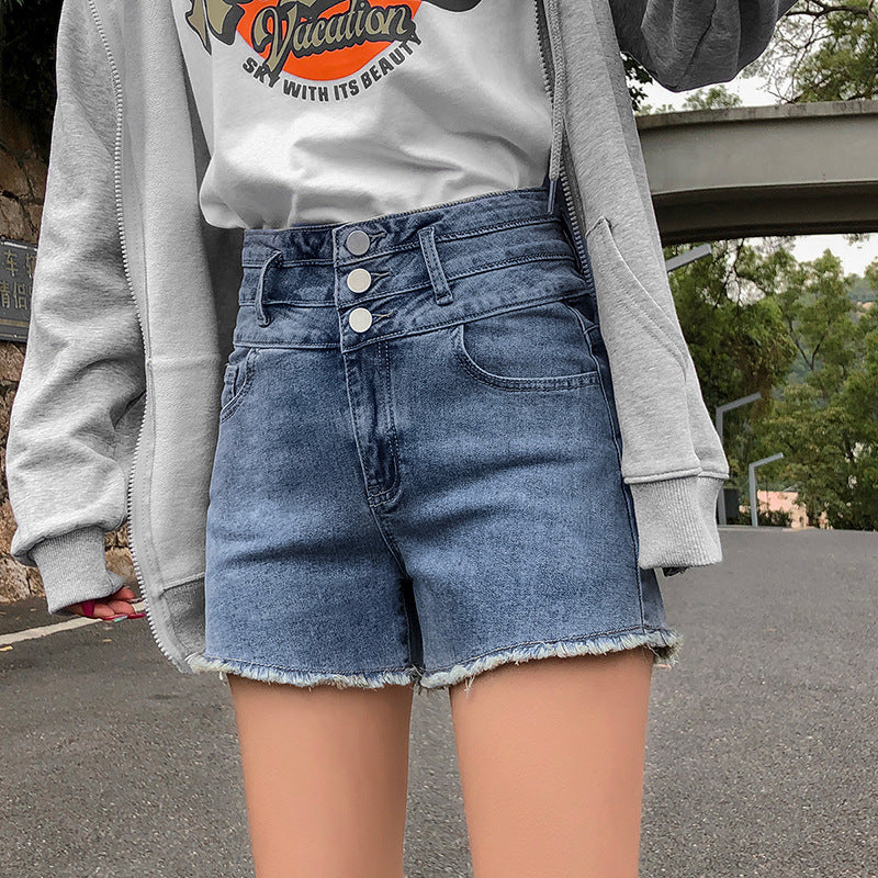 High Waist Multi-button Denim Shorts Women's A-line Wide-leg Hot Pants