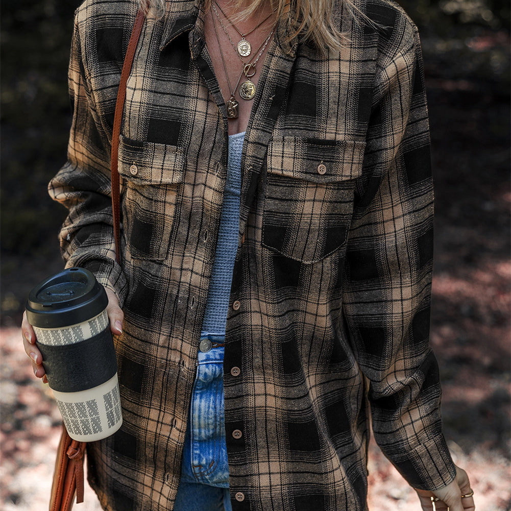 Women's Multi-color Retro Plaid Double-layer Flip Pocket Shirt