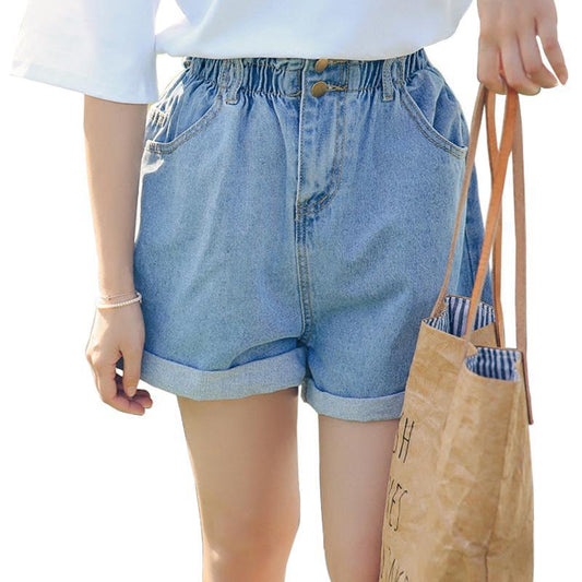Calyx elastic waist denim shorts female summer high waist was thin student wide leg hot pants
