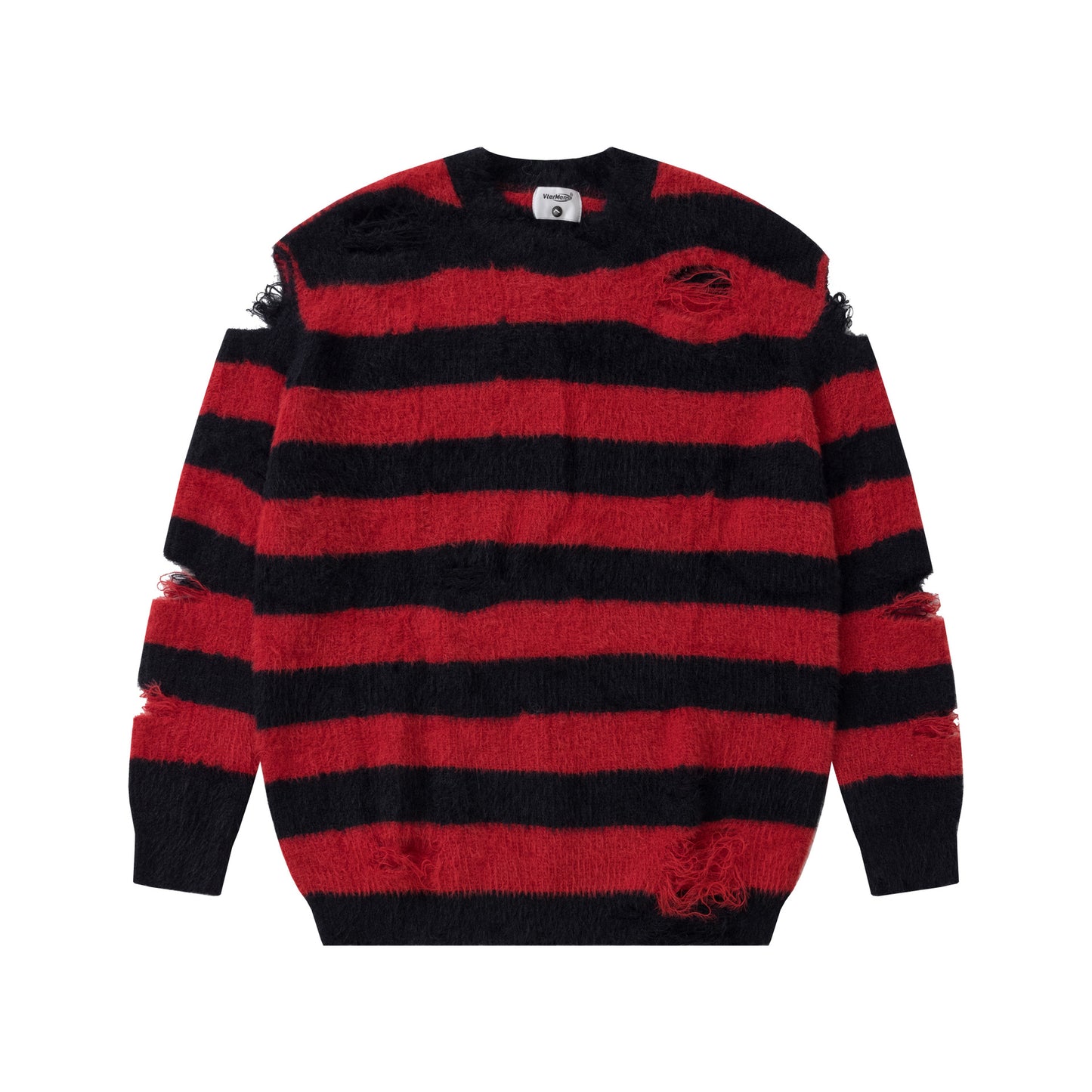 Men's And Women's Same Maychao Striped Round Neck Ripped Pullover Sweater