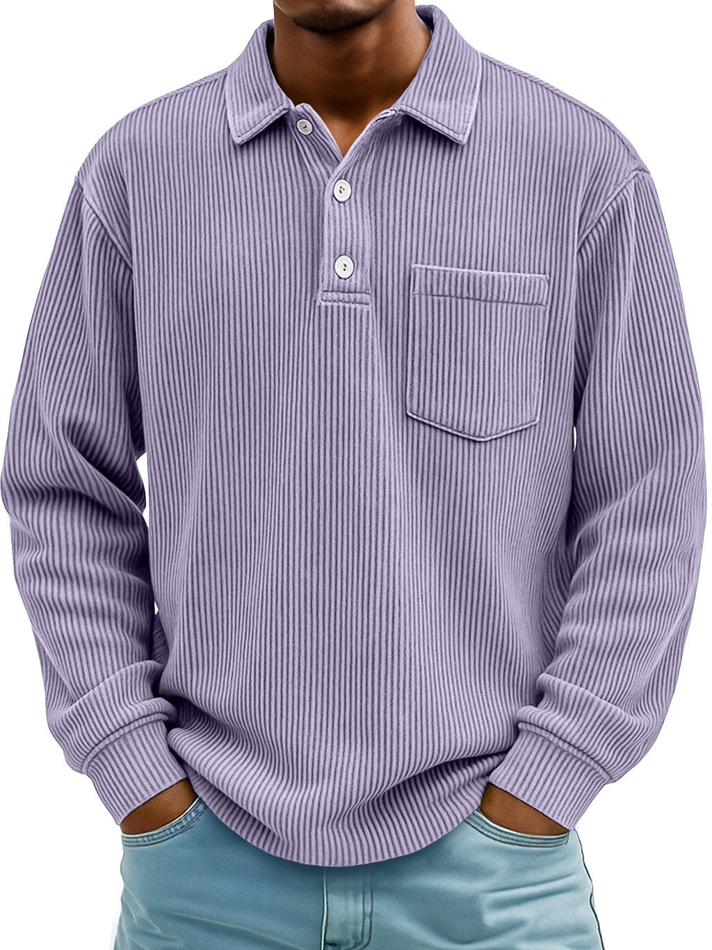 Mens Long-sleeve Polo Shirt Casual Corduroy-striped Top